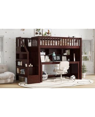 Twin Loft Bed with Desk, Storage Shelf & Stairs, Espresso