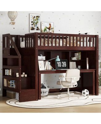 Twin Loft Bed with Desk, Storage Shelf & Stairs, Espresso