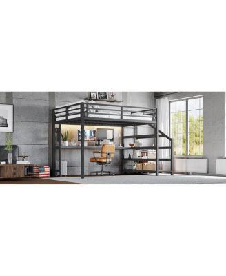 Loft Bed with Desk and Storage Stairs, Metal Loft Bed with LED Lights & USB Ports