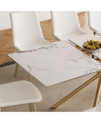 59-inch Expandable Dining Table with Retractable Leaf, Charred Stone Top & Golden X-Base