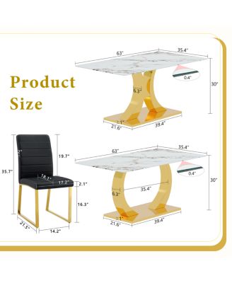 Streamdale Marble patterned glass dining set w/ gold decor: 63" table + 6 chairs.