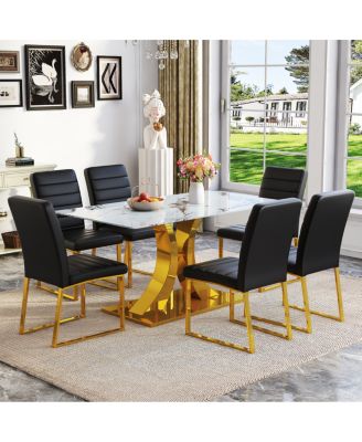 Streamdale Marble patterned glass dining set w/ gold decor: 63" table + 6 chairs.