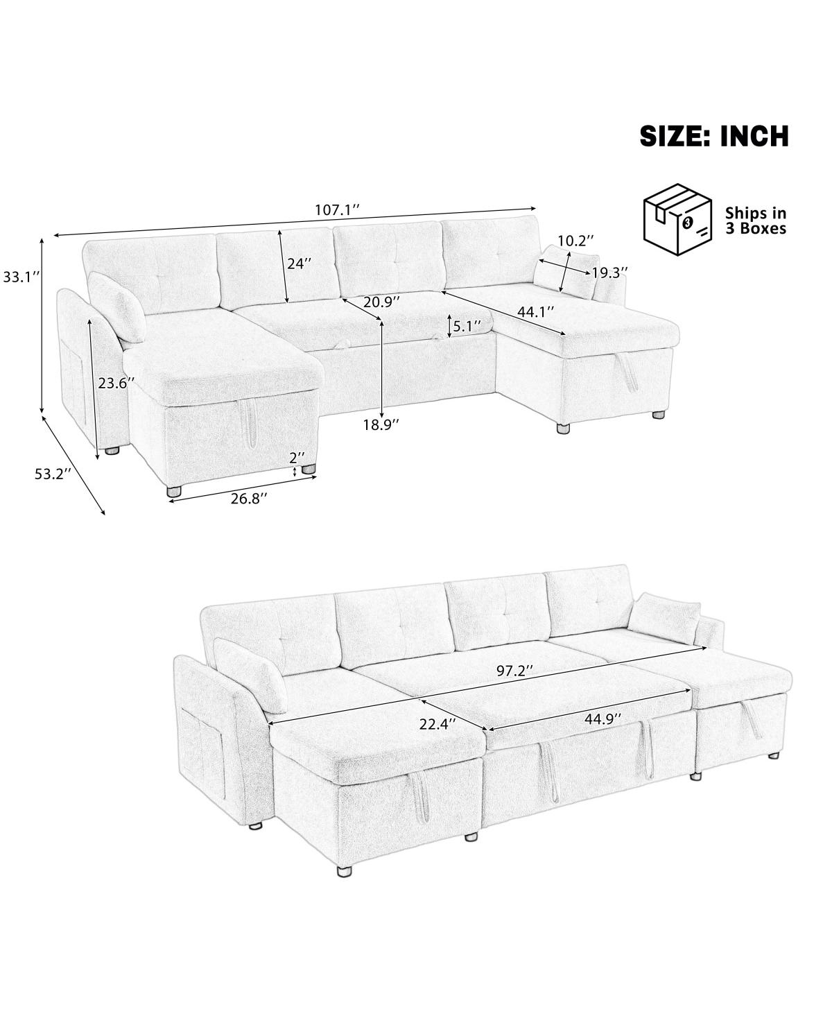 Streamdale Modern U-shaped Sleeper Sofa with Storage & Usb Ports, Green