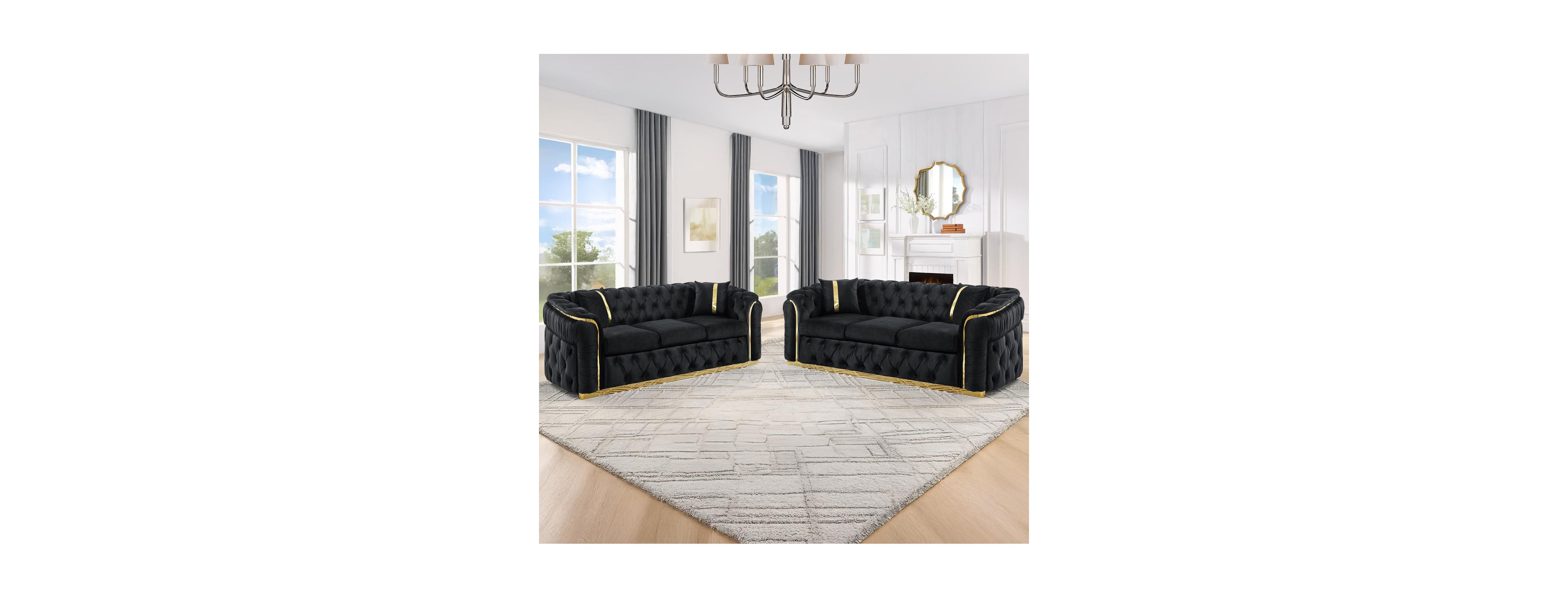 Streamdale Velvet Button Tufted Sofa Couch with 2 Pillows, 3 Seater Luxury Chesterfield Sofa Set