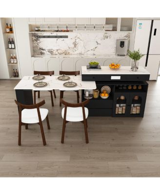  Kitchen Island Set with 4 Chairs, Extendable & Rotating Table, MDF Marble Veneer