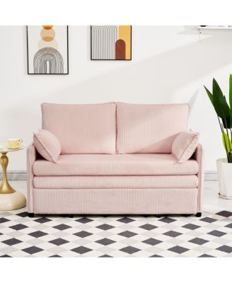 55" Convertible Sofa Bed with USB Ports, Modern Corduroy Couch, Pink
