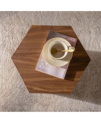 Hexagon Walnut MDF Coffee Table - Modern End Table for Small Spaces (15.75"x13.58"x18.9)