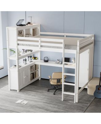 Wood Loft Bed with Cabinet, Bookshelf & Desk