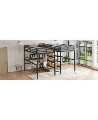 Twin Over Twin Metal Loft Bed with Double Desk, Wardrobe, Shelves & Outlet