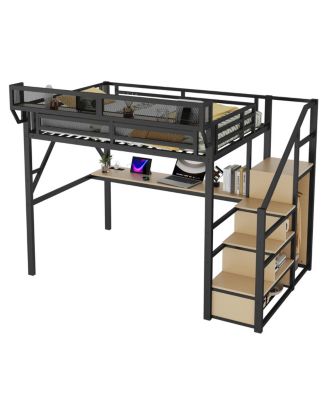 Full Loft Bed with Desk, Stairs & Charging Station, Black