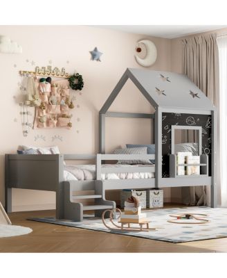 Twin House Bed with Stairs, Window, Bookcase, Blackboard, Star Roof