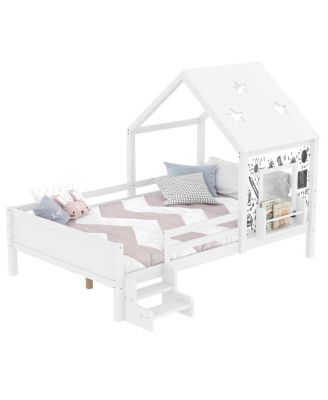 Full House Bed with Low-Profile Stairs, Window, Bookcase, Blackboard, Star Roof