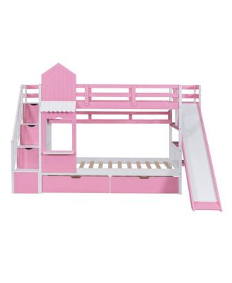 Twin-Over-Twin Castle Style Bunk Bed with 2 Drawers 3 Shelves and Slide - Pink