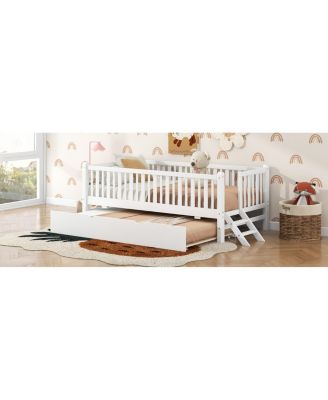 Wood Platform Bed with Guardrail and Trundle