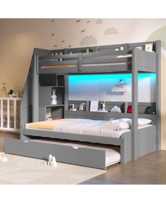 over Full Bunk Bed with Storage Stairs, Trundle, LED, USB