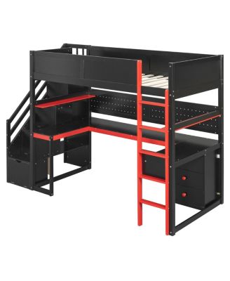 Twin Gaming Loft Bed with Storage Stairs, Desk, Shelves & Pegboard