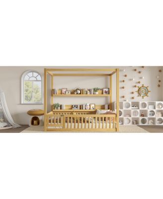 Canopy Bed with Guardrails & Shelves, Montessori Floor Bed Frame