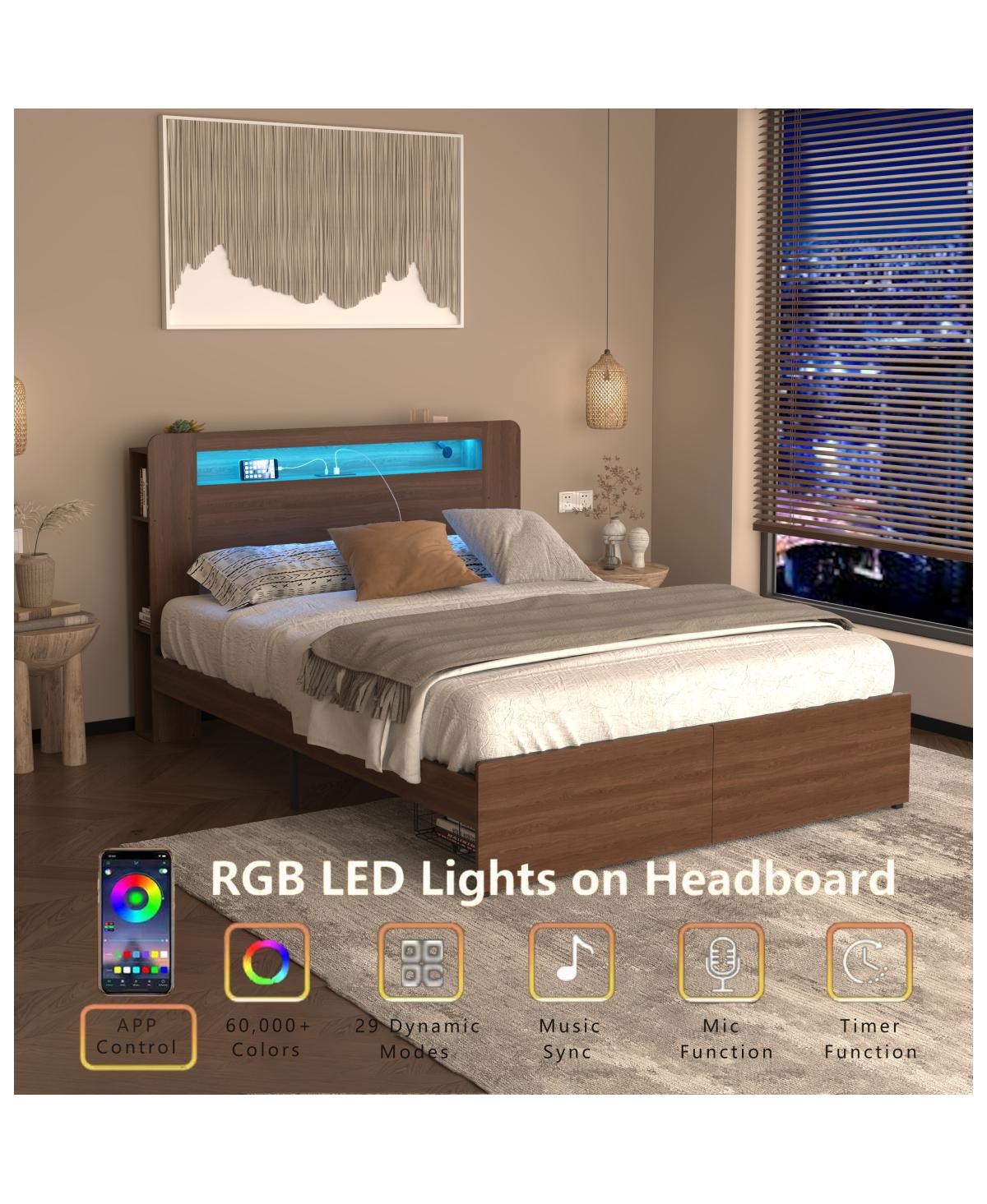 Streamdale Furniture Wooden Queen Farmhouse Bed Frame with Bookcase, Storage Drawers & Led Headboard