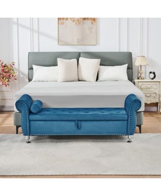 62.2" Soft Velvet Storage Bench with Crystal Buttons & Pillow