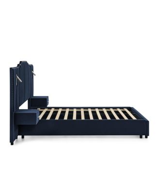 Queen Size Velvet Upholstered Bed Frame with Vertical Stripes