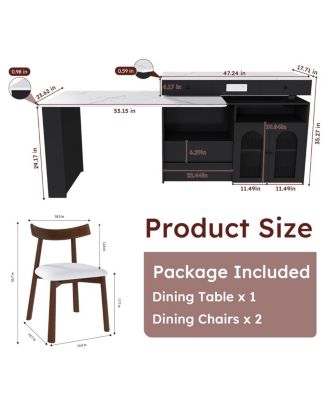 Kitchen Island Set with 2 Chairs, Extendable & Rotating Table, Marble Veneer, 4 Drawers & Cabinets