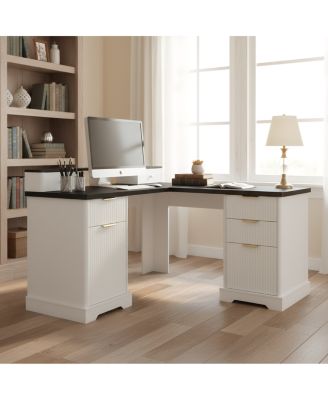 Modern Fluted L-Shaped Desk with Charging Station & Storage