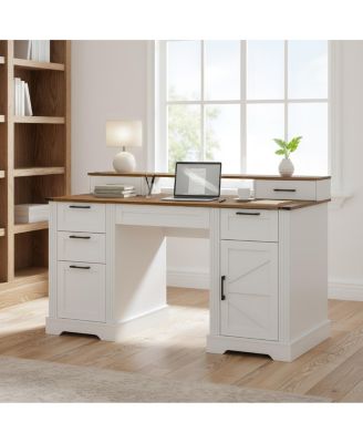 Farmhouse Office Desk with Charging Station & Storage Cabinet