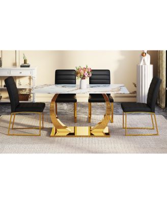 Marble patterned glass dining chair set with gold decoration