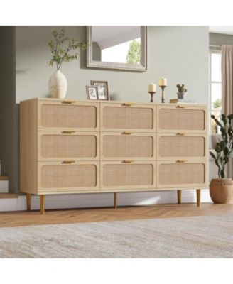 Rattan 9 Drawer Dresser for Bedroom, Tall Chest of Drawers with Deep Storage and Wide Top, Beige