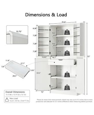 72" Farmhouse Kitchen Pantry Cabinet with 8 Shelves, Curved Storage, Hidden Drawer