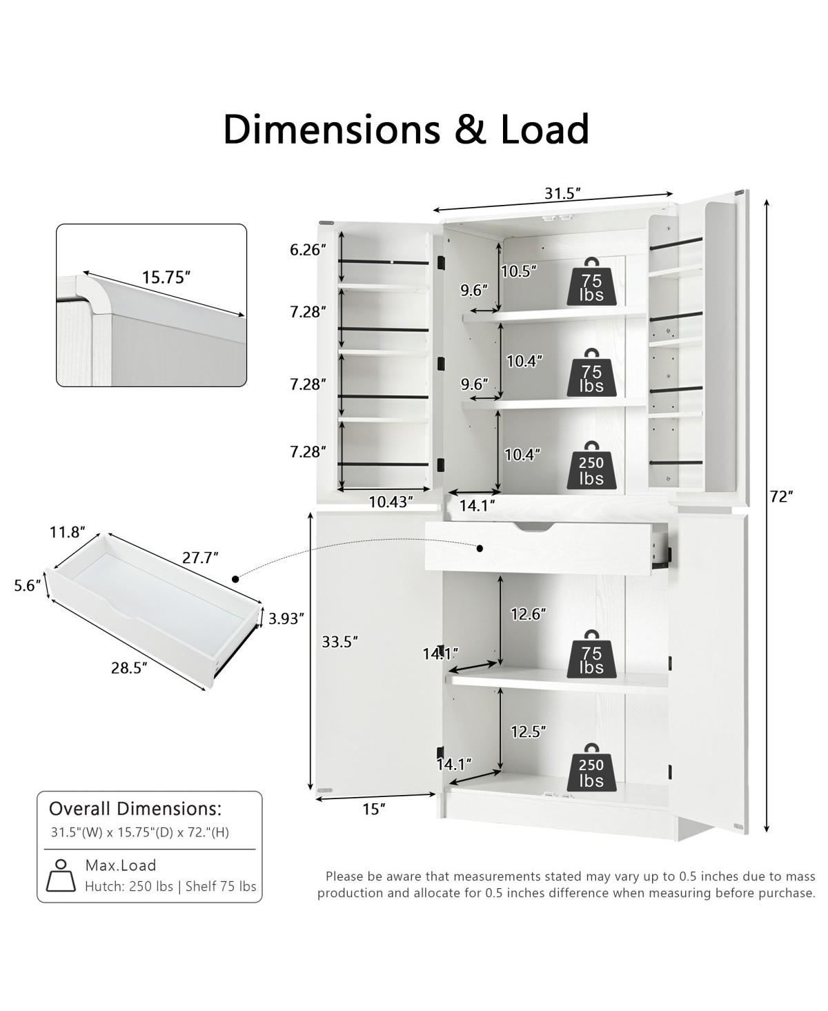 Streamdale Furniture 72" Farmhouse Kitchen Pantry Cabinet with 8 Shelves, Curved Storage, Hidden Drawer