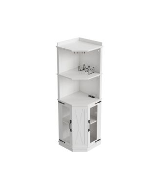 67.3" Farmhouse Corner Bar Cabinet with Power Outlet, Lights & Glass Rack
