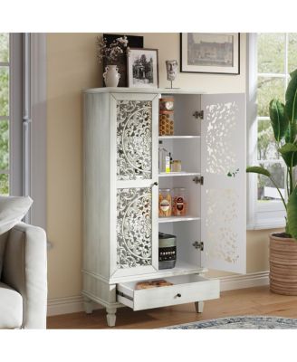 Rustic 55" Storage Cabinet with Drawer and Carved Wood Doors