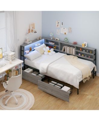 Streamdale  Furniture Twin Corner Daybed with Storage, Bookcase Headboard, LED & USB