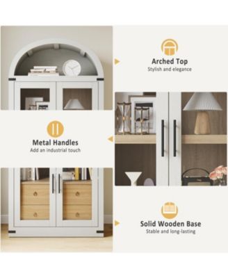 Arched Farmhouse Bookcase with Doors and Drawers, 71.4" Tall Display Cabinet
