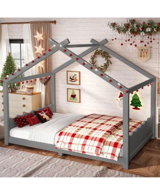 Full House Floor Bed with Support Slats, Solid Wood House Bed Frame for Kids, Gray
