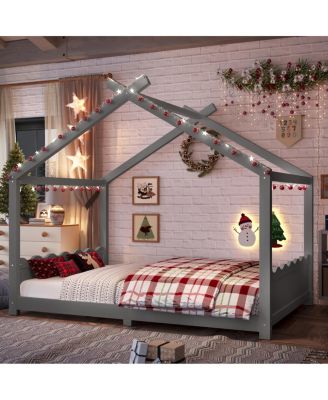 Full House Floor Bed with Support Slats, Solid Wood House Bed Frame for Kids, Gray