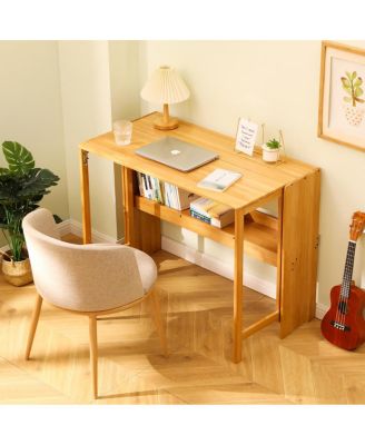Bamboo Folding Desk, Space-Saving Computer Desk for Small Spaces, Foldable Study Table