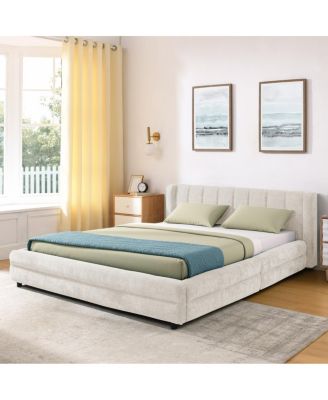 Queen Size Chenille Upholstered Bed Frame with Storage Drawer - Beige
