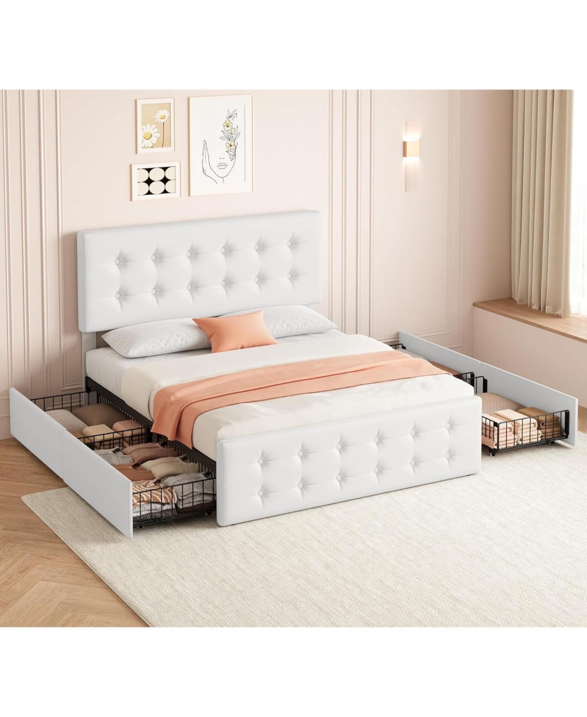 Gaomon Faux Leather with Button-Tufted Headboard, 4 Storage Drawers, Sturdy Wood Slats, No Box Spring Platform Bed