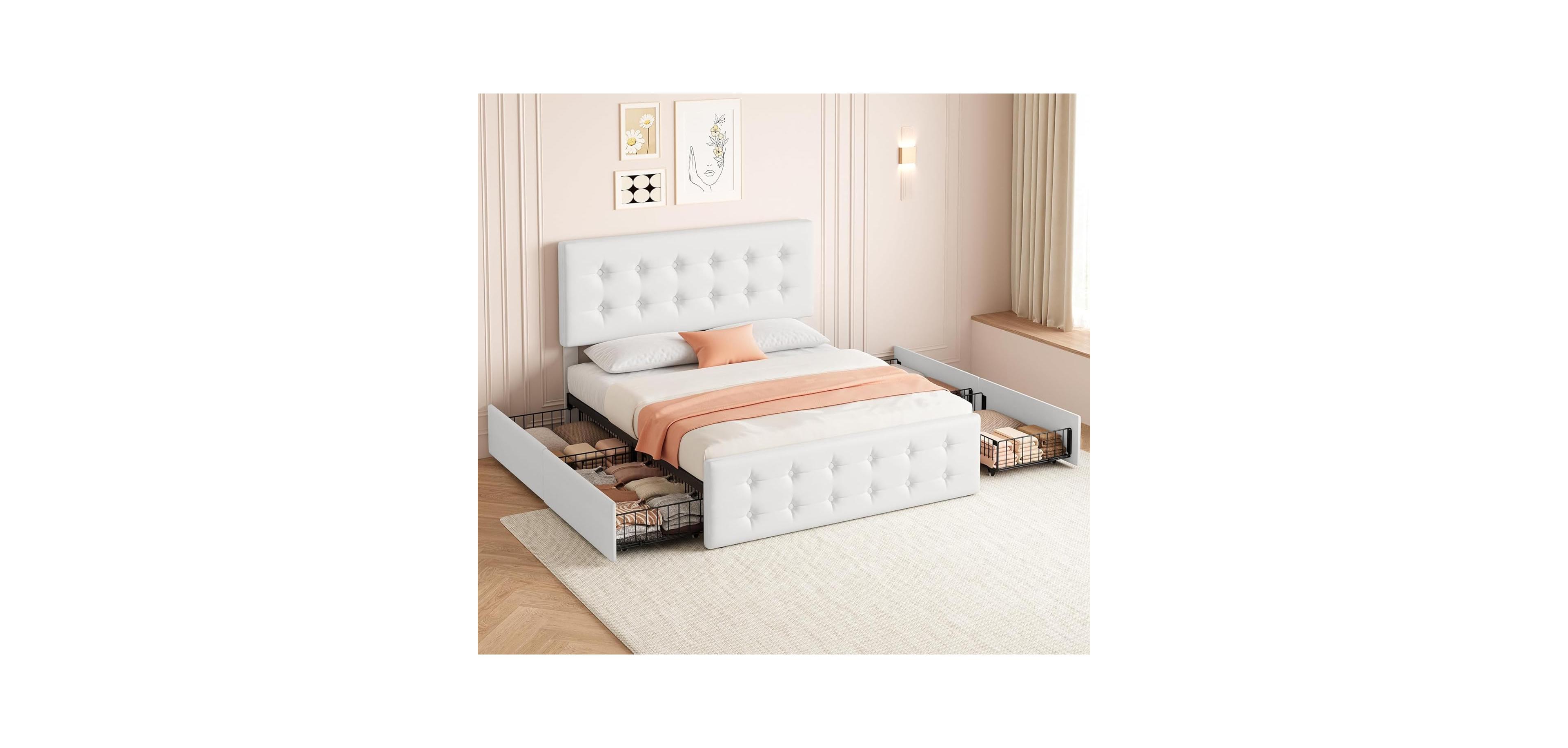 Gaomon Faux Leather with Button-Tufted Headboard, 4 Storage Drawers, Sturdy Wood Slats, No Box Spring Platform Bed