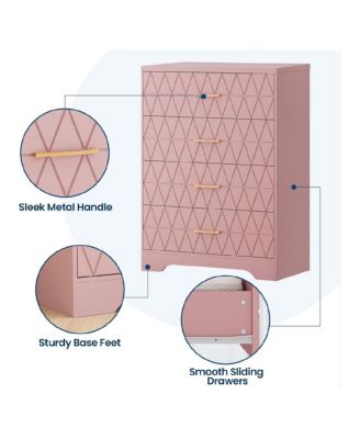 4-Drawer Wooden Dresser for Bedroom, Tall Chest of Drawers with Gold Handles & Storage, Pink