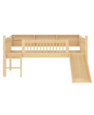 Loft Bed with Storage Shelves, Solid Wood, LED Lights, Guardrails