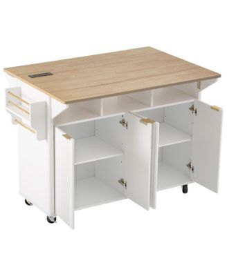 Streamdale  Furniture 55.5" Fluted Kitchen Island with 2 Drop Leaf, Storage Cart, Power Outlet, 4 Doors, Spice Rack, Rolling Table