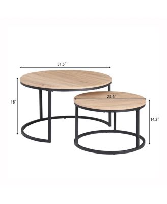 Round Nesting Coffee Table Set, 31.5" Oak & Metal, Modern Industrial Accent Furniture.