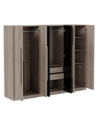 6-Doors Wooden Wardrobe Storage for Bedroom,with 2 Drawers Inside,Black+Nature