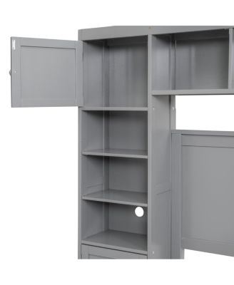 Full Size Wooden Bed With All-in-One Cabinet and Shelf