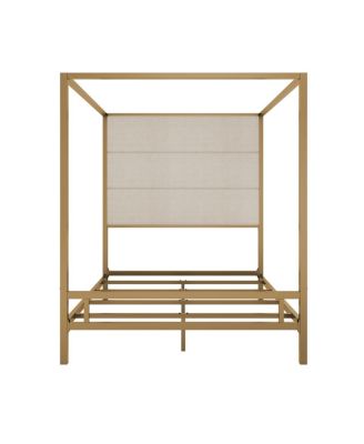 Modern Canopy Bed with Linen Upholstered Headboard