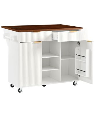 Streamdale 52" Fluted Kitchen Island with Drop Leaf, Power Outlet & Storage Cart