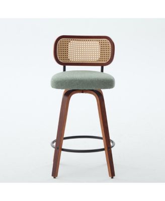  Set of 3, 26-Inch Counter Height Bar Stools - Walnut Black, Cane Rattan, Green Linen Seat